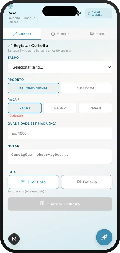 Registo de colheitas na app móvel SalOS
