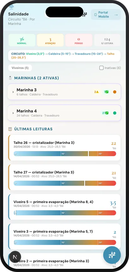 Monitor de salinidade na app móvel SalOS — leituras Baumé por marinha e talho